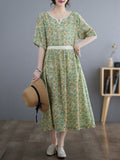 Loose Short Sleeves Hollow Pleated Printed Split-joint Round-neck Midi Dresses