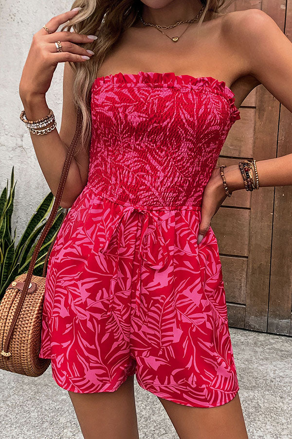 Plant Print Tube Top Lace-up Pleated Rompers