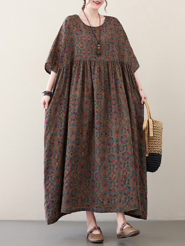 Vacation Loose Half Sleeves Printed Pleated Round-neck Midi Dresses