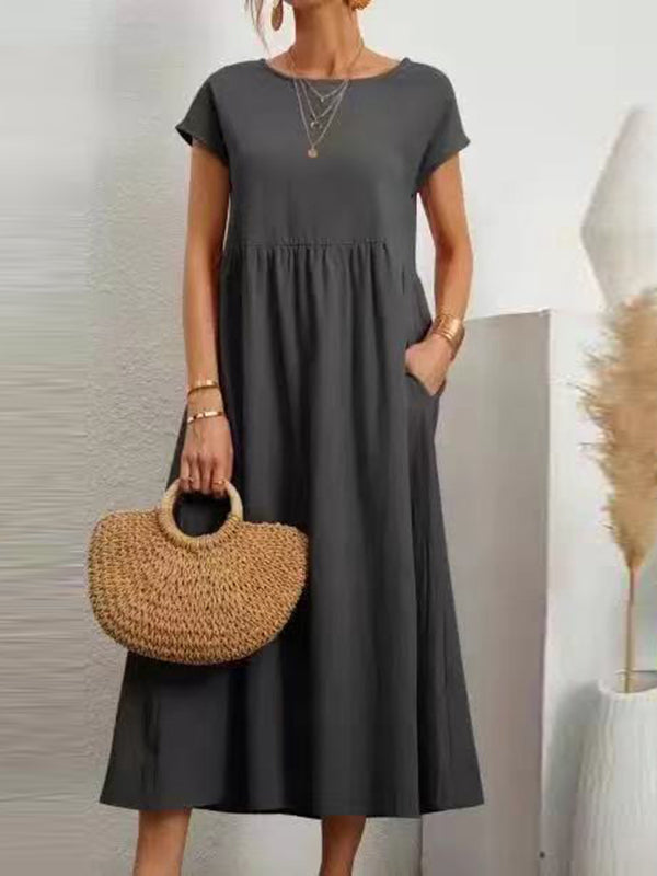 Loose Short Sleeves Pleated Color Round-neck Midi Dresses