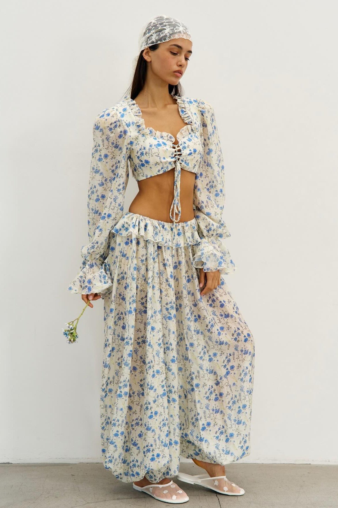 Tie Front Square Neck Ruffled Cropped Top Low Waist Jogger Pants Two Piece Set