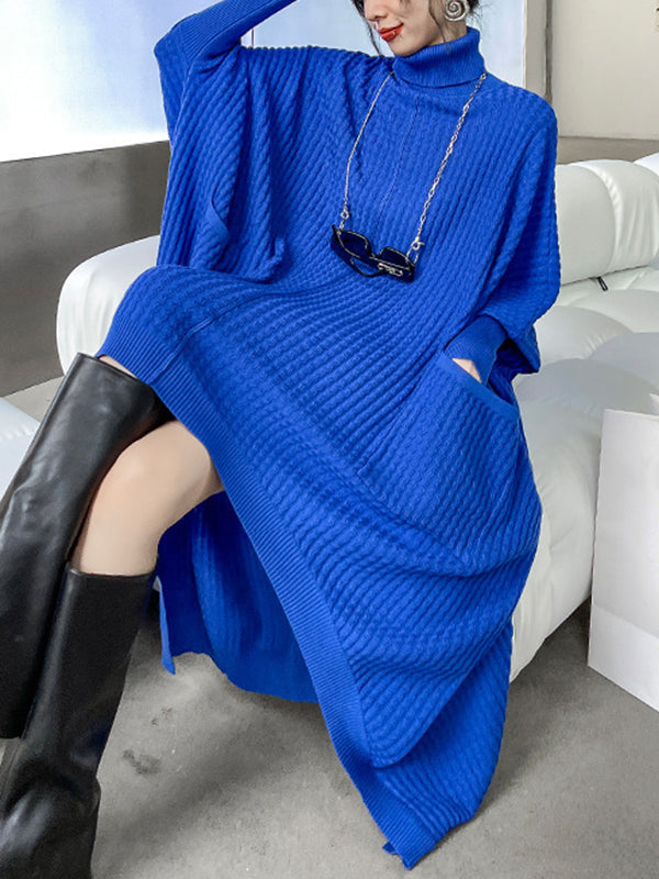 Batwing Sleeves High-low Pockets Color High-neck Midi Dresses Sweater Dresses