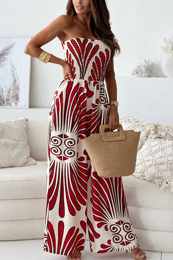 Unique Printed Off-shoulder Pleated Wide-leg Jumpsuit