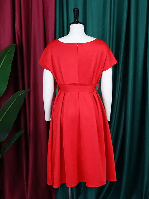 Bowknot Lace-up Color V-neck Midi Dresses