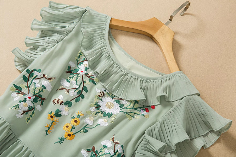 Palm Flying Ruffled Sleeve Pleated Hem Midi Dress