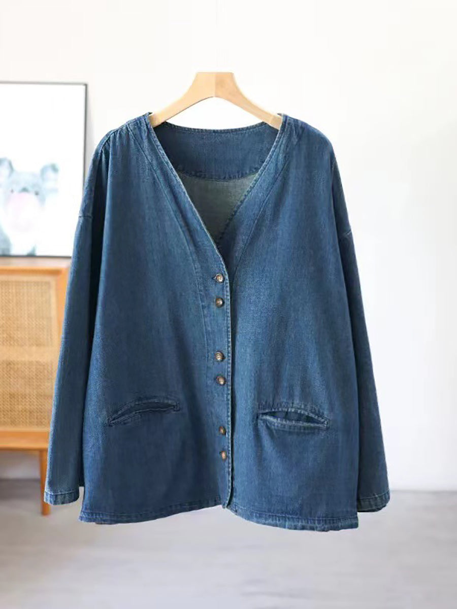 Autumn Pure Color V-neck Denim Coat At1039