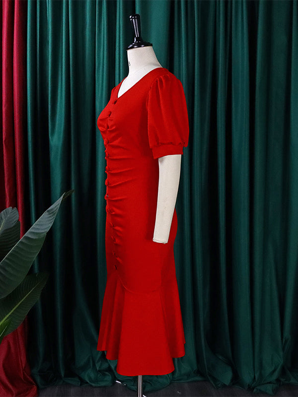 Bodycon Mermaid Pleated Color Zipper V-neck Midi Dresses