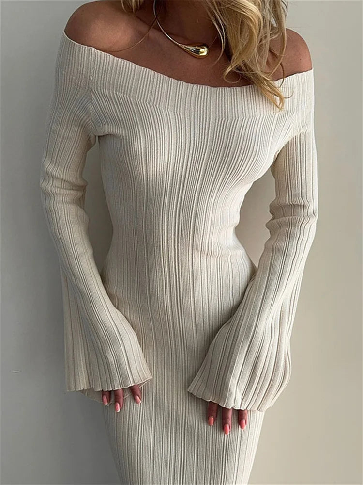 Ribbed Off-shoulder Knit Long Dress for Slim Long Sleeve High Waist Backless Dress Knitwear Loose Maxi Dress