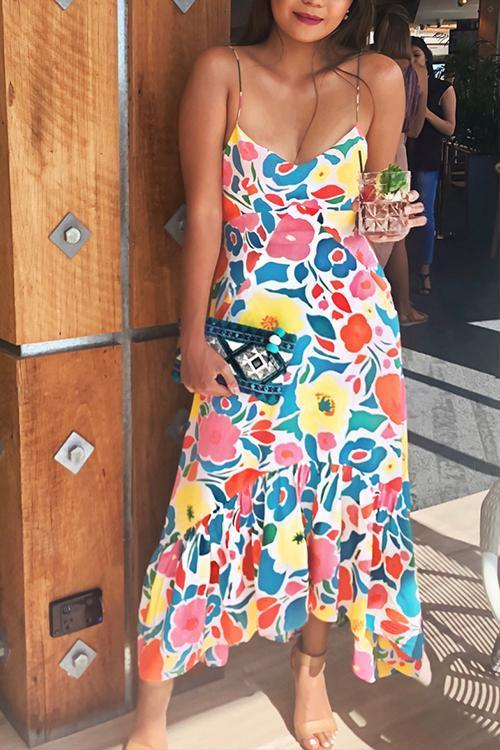 Printed Backless Mid Calf Dress With Pocket