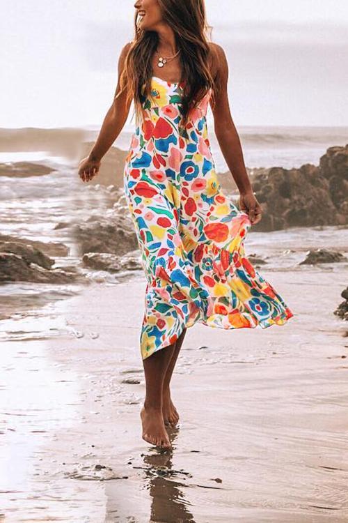 Printed Backless Mid Calf Dress With Pocket