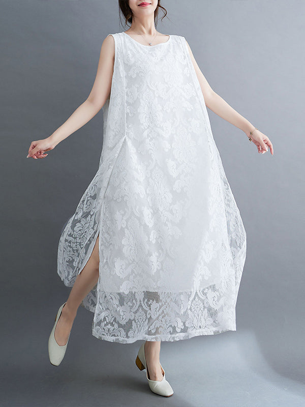 A-line Loose Lacy See-through Color Split-side Round-neck Midi Dresses