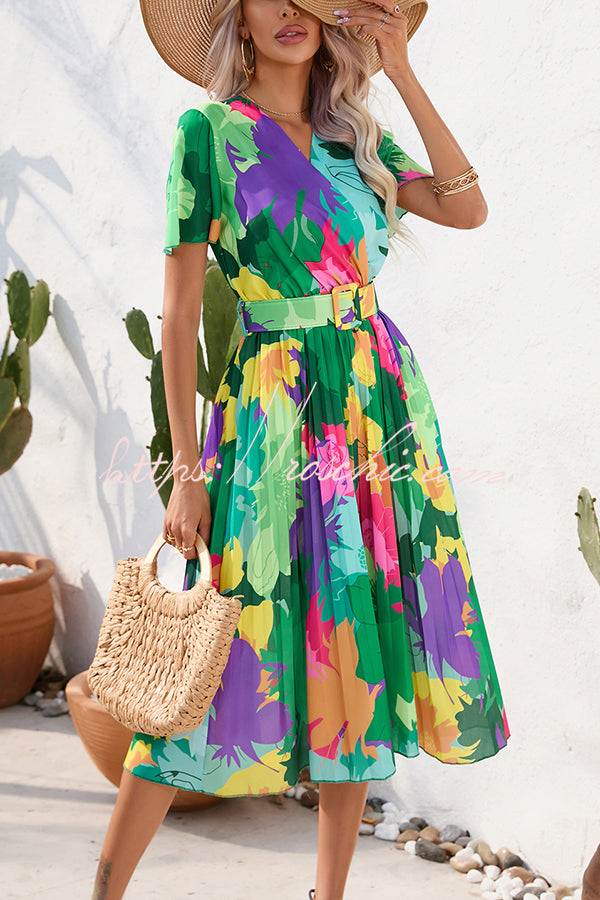 Paulette Contrast Print Belted Pleated Midi Dress