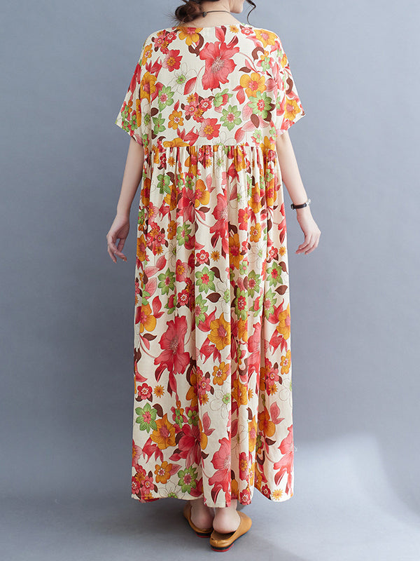 Loose Short Sleeves Pleated Printed Split-joint Round-neck Midi Dresses