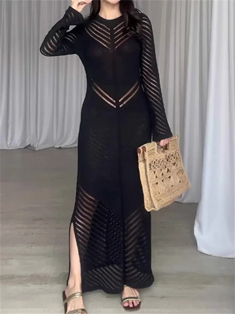 Autumn Black Knit Long Dress for See-through Sleeveless Patchwork Hollow Out Dress ’s Knitwear Dress