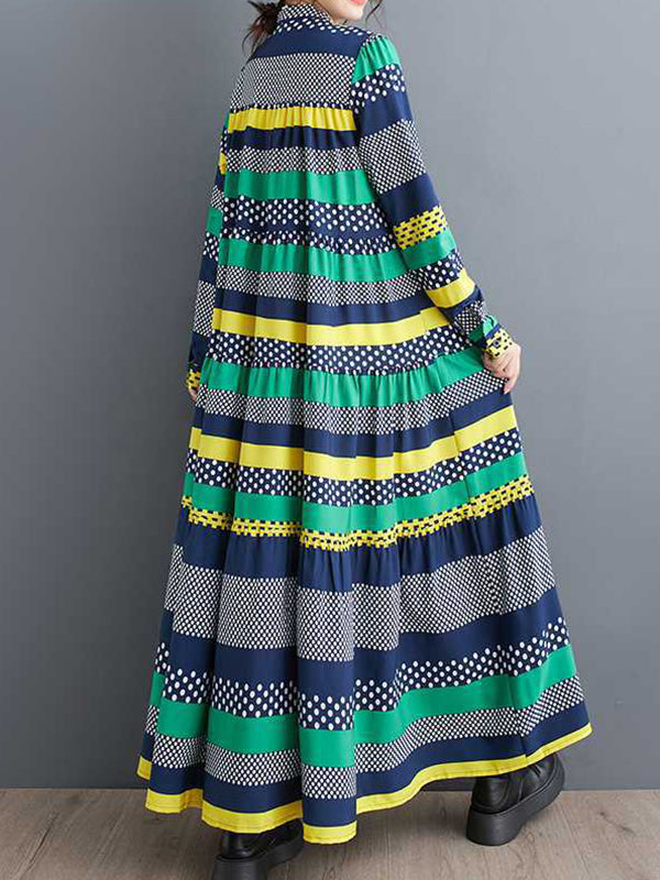 A-line Long Sleeves Buttoned Polka-dot Split-joint Round-neck Midi Dresses