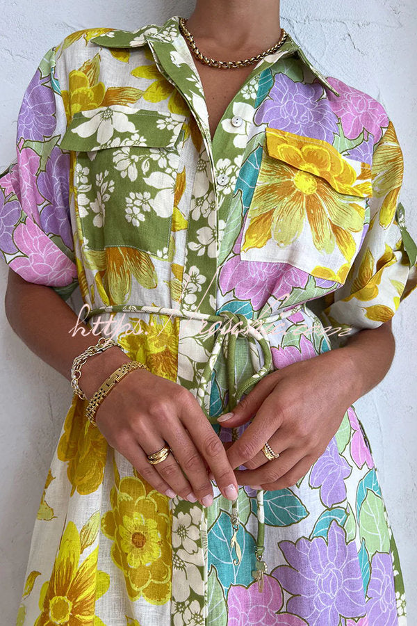 Travel Effortlessly Linen Blend Patchwork Shirt Midi Dress