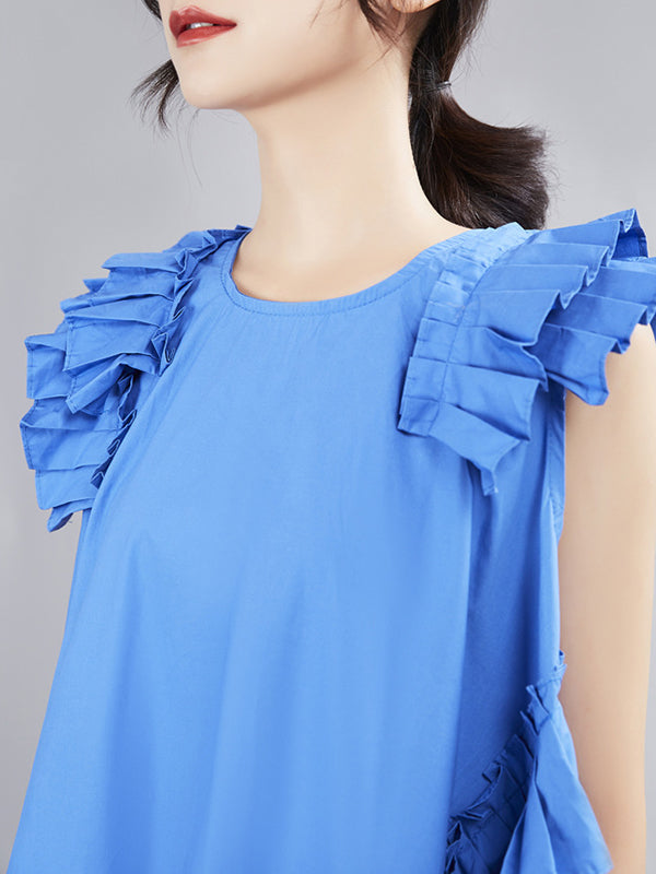 Flying Sleeves Loose Asymmetric Pleated Color Split-joint Round-neck Midi Dresses