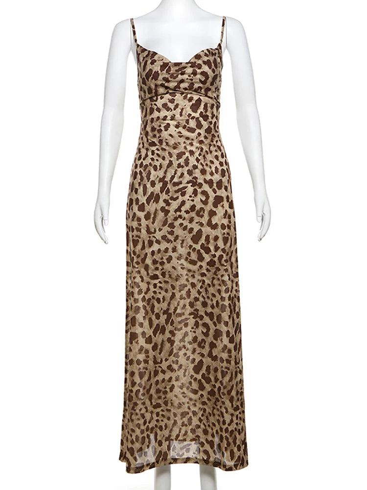 Julissa Mo Backless Print Leopard Maxi Dress Spaghrtti Strap High Waist Dresses Summer Skinny Party Clubwear