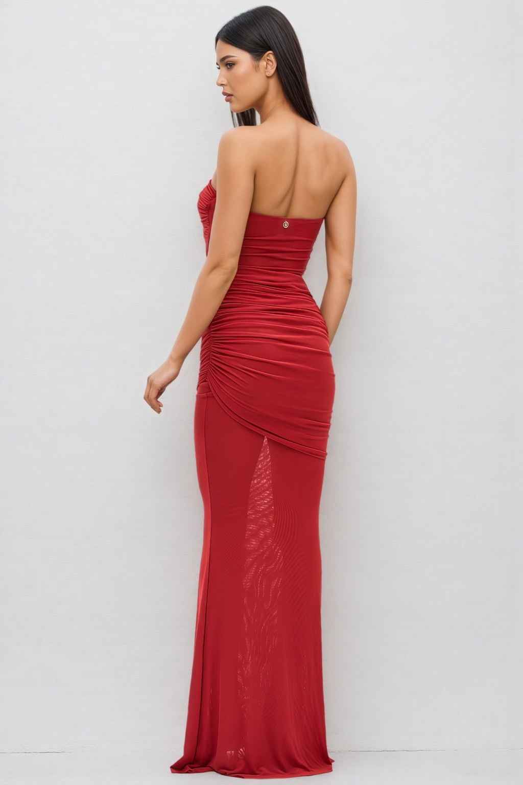 Nydia Red Strapless Sheer Mesh Maxi Dress