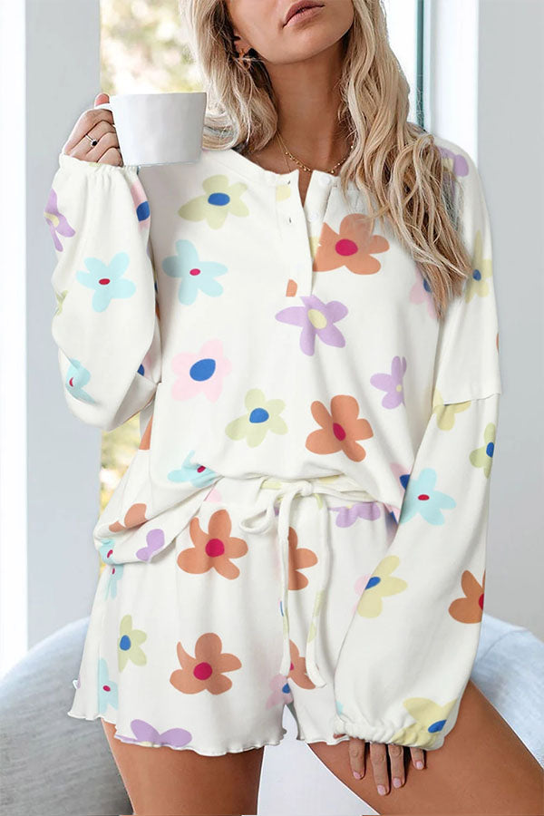 White Print Henley Top & Drawstring Shorts Loungewear Set