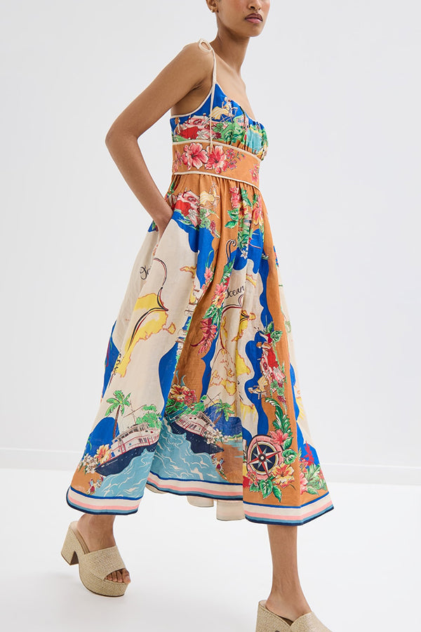 Unique Printed Lace-up Suspender Pockets Resort Style Midi Dress