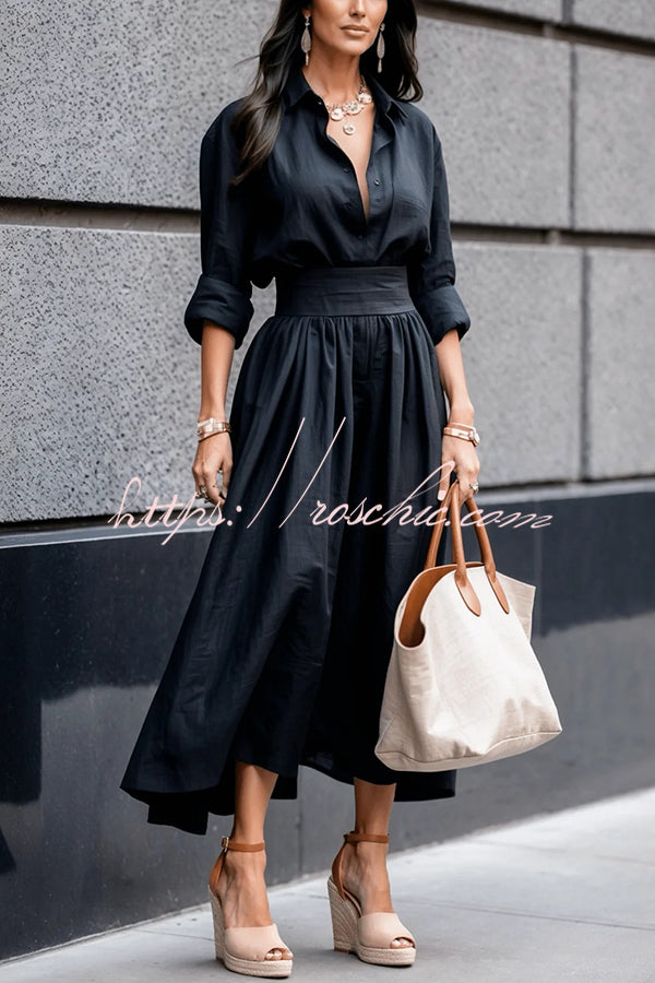 Color Lapel Long Sleeve Waist Midi Dress