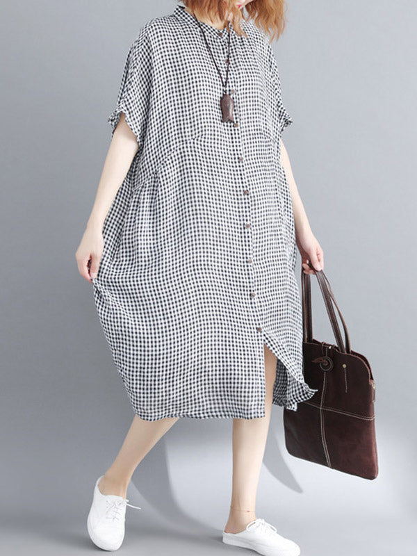 Artistic Retro Loose Split-joint Plaid Buttoned Stand Collar Half Sleeves Midi Dress