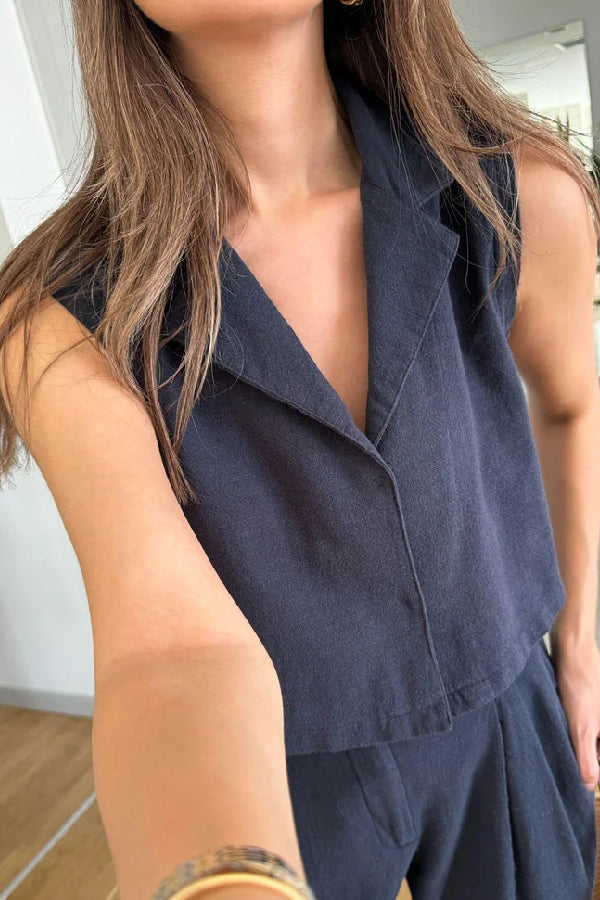 Lapel Vest & Pants Cotton Linen Two-piece Set