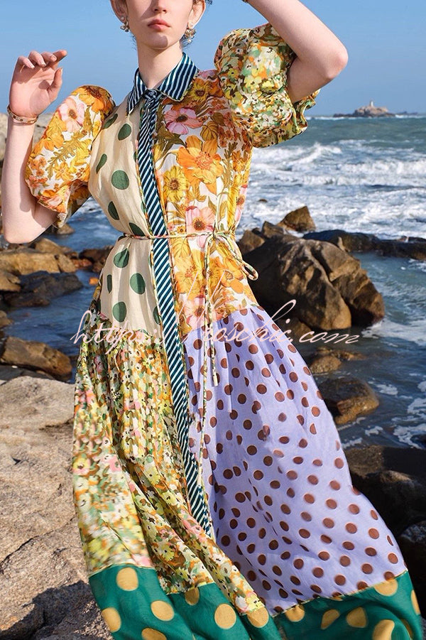 Linen Blend Unique Print Lapel Puff Sleeve Midi Dress