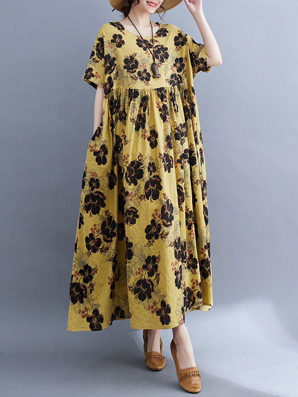 Loose Short Sleeves Pleated Printed Split-joint Round-neck Midi Dresses