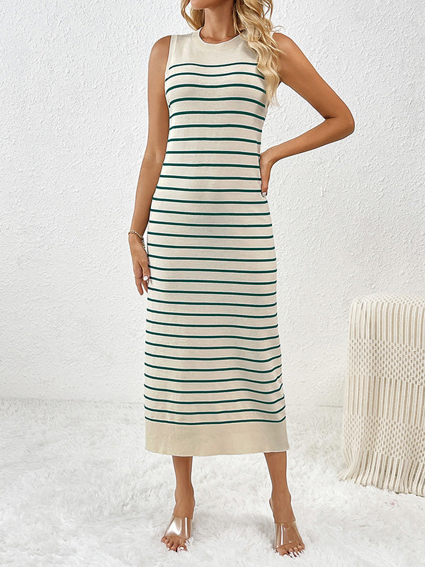 Loose Sleeveless Striped Round-neck Knit Dresses Midi Dresses