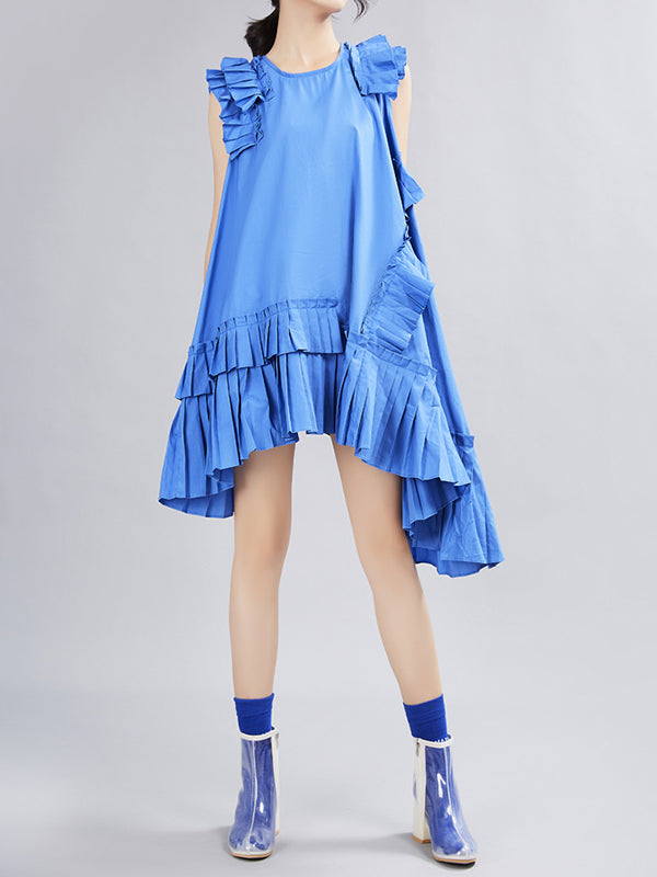 Flying Sleeves Loose Asymmetric Pleated Color Split-joint Round-neck Midi Dresses