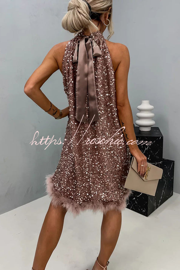 It's Time to Dance Sequin Feather Trim Halter Babydoll Mini Dress