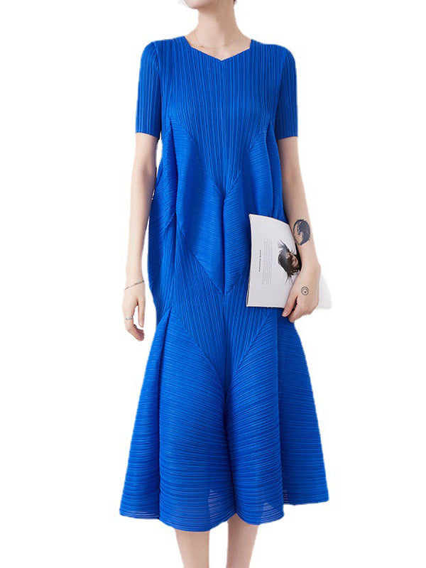 Short Sleeves Pleated Color Round-neck Midi Dresses