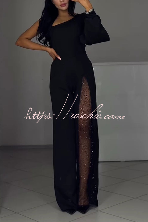 Fashionable Oblique Shoulder One-sleeve High Slit Slim Jumpsuit