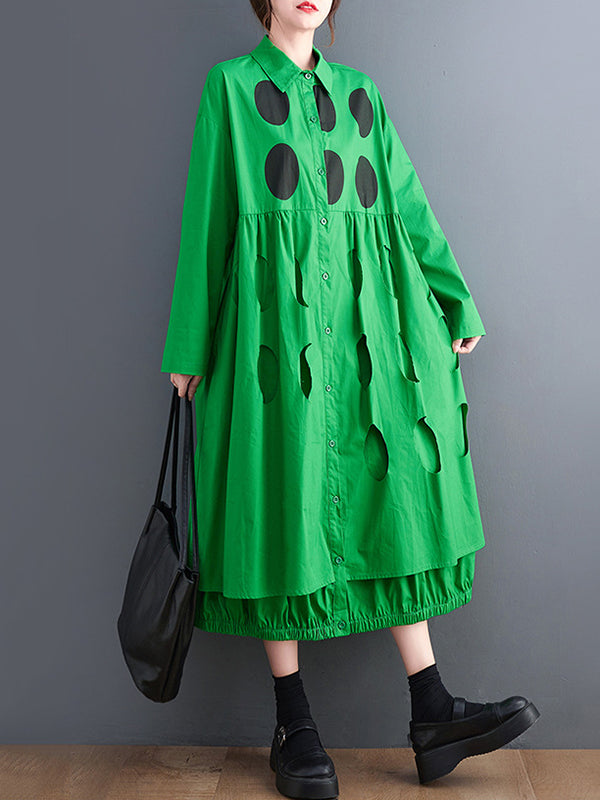 Stylish Long Sleeves A-line Polka Dot Polo Shirt Midi Dresses