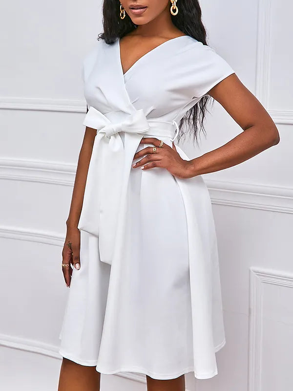 Bowknot Lace-up Color V-neck Midi Dresses