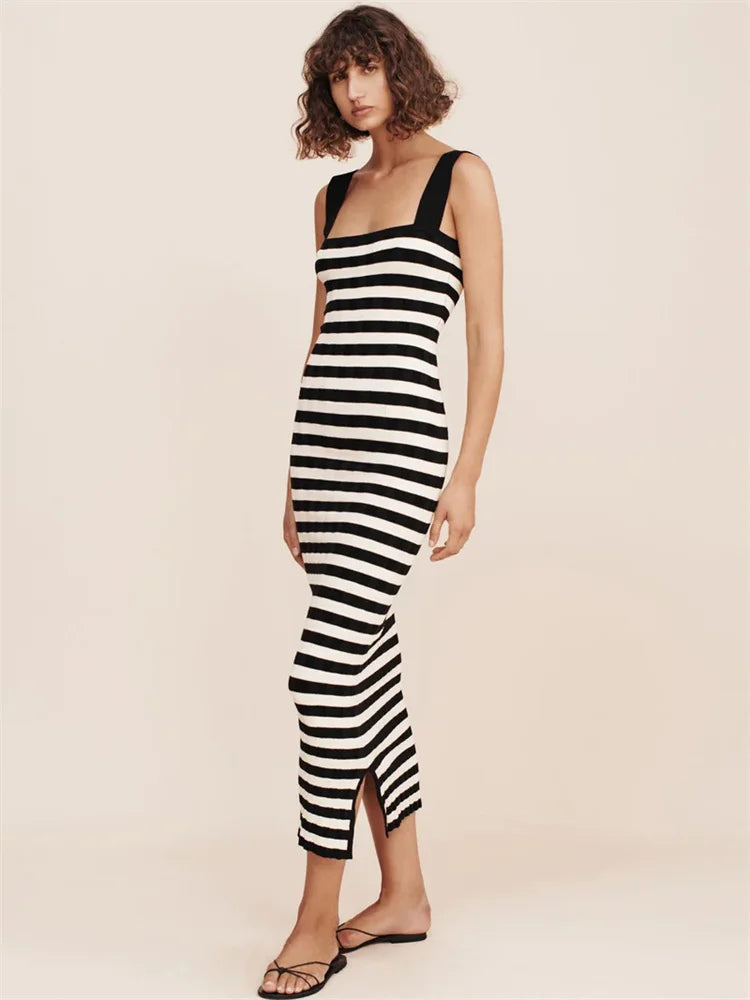 Striped High Waist Backless Maxi Dress Contrast Split Slim Off-shoulder Autumn Party Dress