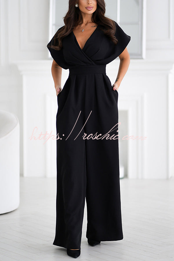 Color V-neck Waist Wide-leg Jumpsuit