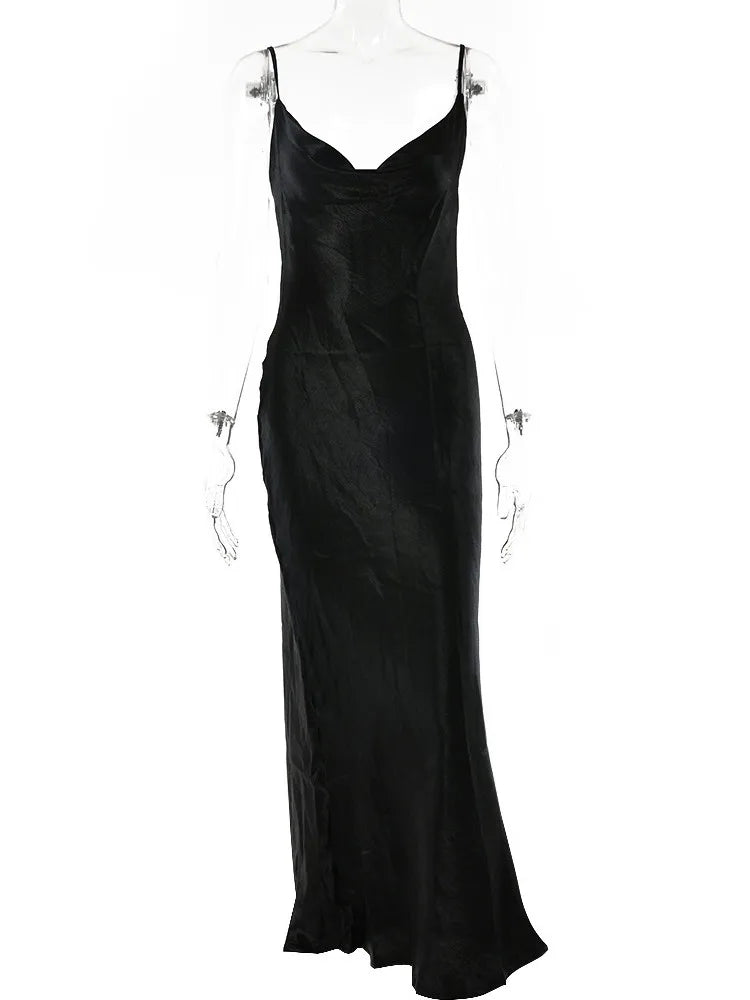 Gold Satin Lace Up Party Dress Strap Backless Silk Long Dress Club Evening Soft Winter Dress Vestidos