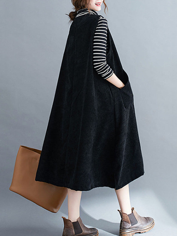 Corduroy Sleeveless Split-joint Round-neck Midi Dress