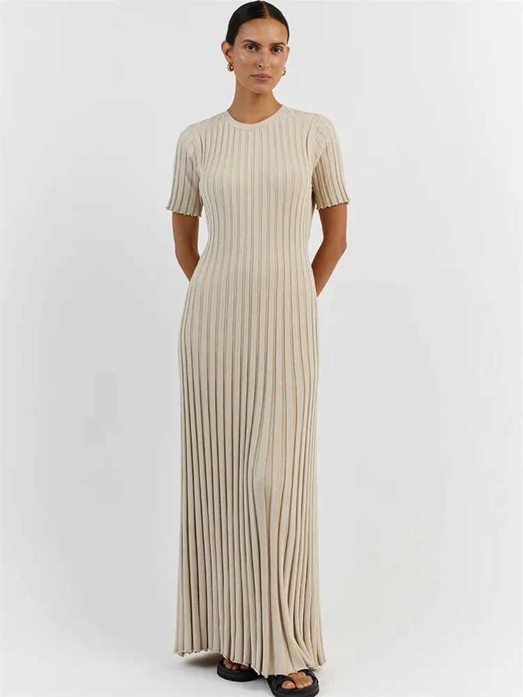 Ribbed Short Sleeve Maxi Dress Knitwear Lace-up High Waist Patchwork Dress Autumn Female Knit Dress New