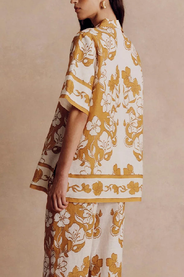 Print Short Sleeve Shirt Top and Elastic Waist Loose Pocket Pants Set