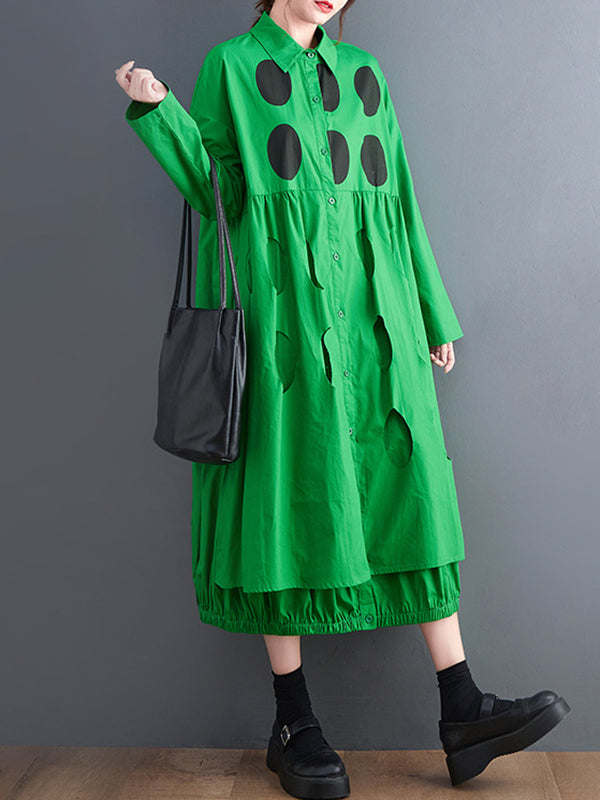 Stylish Long Sleeves A-line Polka Dot Polo Shirt Midi Dresses