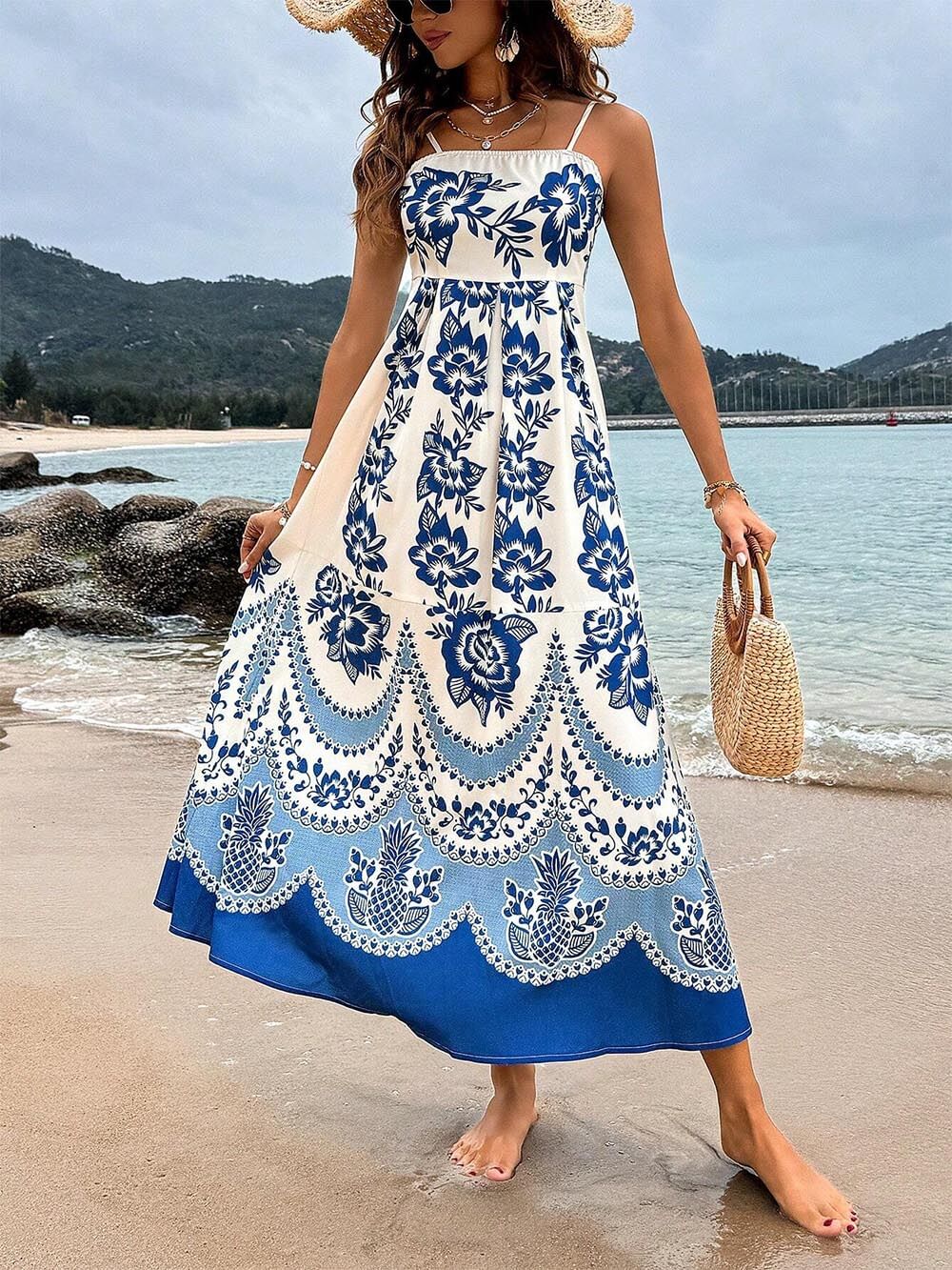 Print Back Smocked Loose Midi Dress