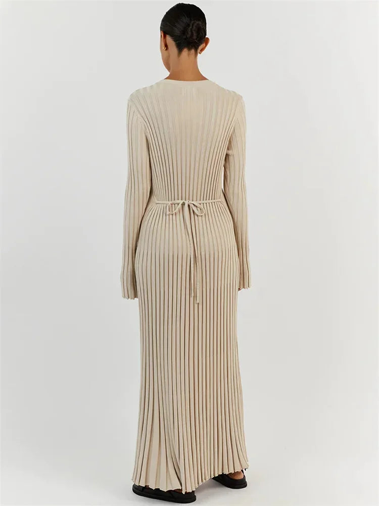 Lace-up Female Knit Maxi Dress – Autumn High Waist Patchwork Long Sleeve Bandage Knitwear Dress