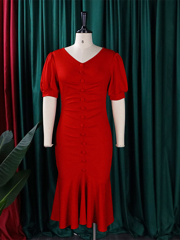 Bodycon Mermaid Pleated Color Zipper V-neck Midi Dresses