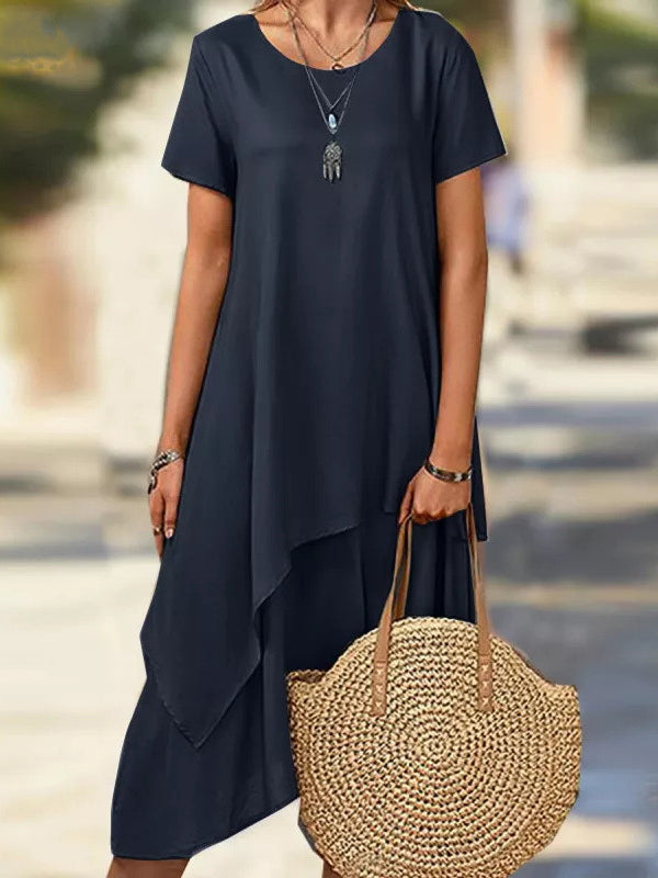 Short Sleeves Asymmetric Color Split-joint Round-neck Midi Dresses