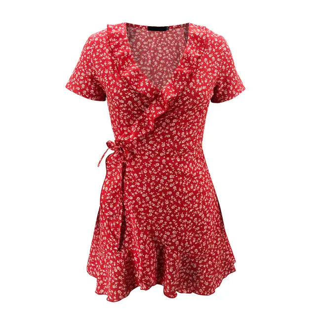 Summer ’s Floal A-line Dress Sweet Ruffles V-neck Bandage Short Dress for Lady Flowers Mini Dress