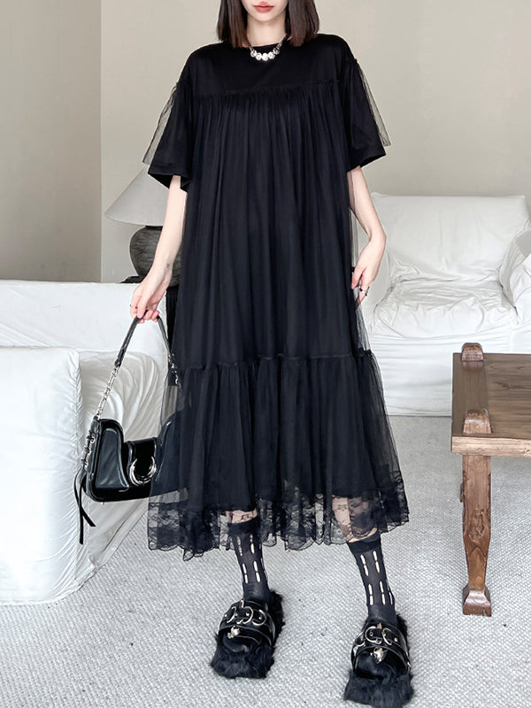 Fake Two-piece Loose Gauze Pleated Color Split-joint Tiered Round-neck Midi Dresses